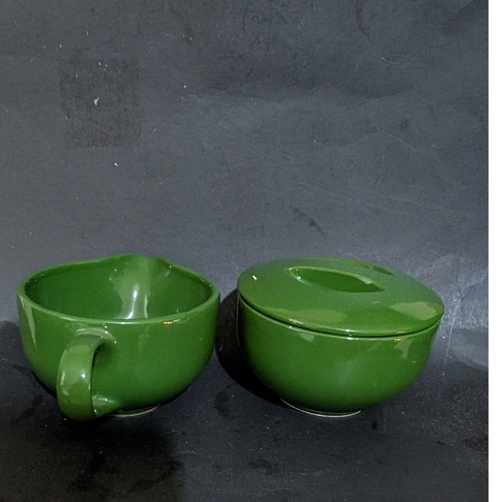 Vintage Green Ceramic Creamer and Lidded Sugar Bowl Set Mid Century Modern